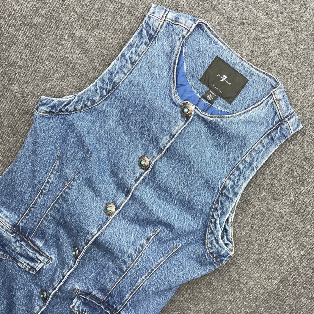 7 For All Mankind Denim Vest Dress Blue Size 10 Western Boho Concho Button NWT